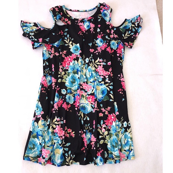 NWT XL Cold Shoulder Black & Floral Mini Dress - Picture 6 of 7
